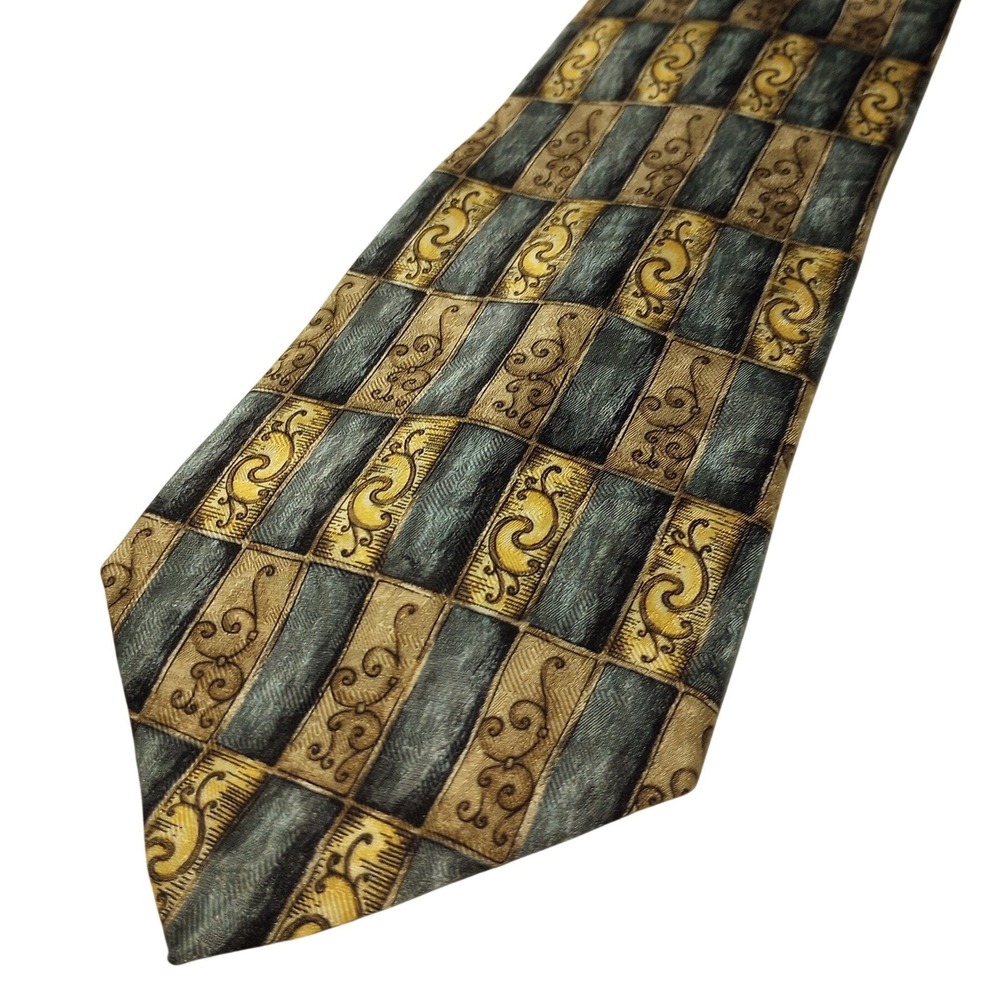 Barrington Mens Silk Tie Gold‎ Blue Scroll Filigree Grid Pattern Necktie